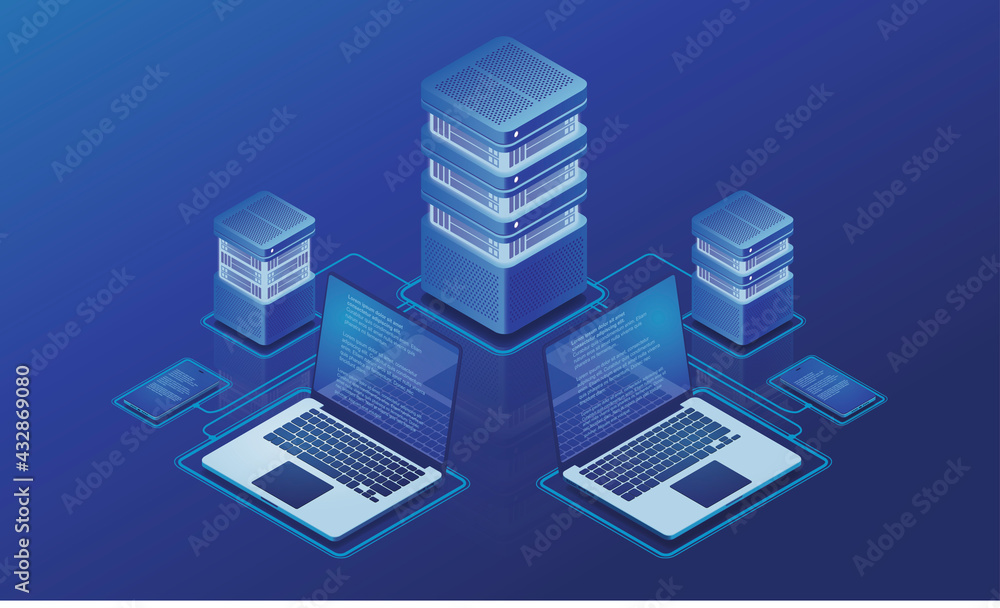 Isometric concept with laptops, smartphone and network servers. Online device interconnected for information exchange. Illustrator file with separate layers for each elements & background. Isometric concept with laptops, smartphone and network servers. Online device interconnected for information exchange. Illustrator file with separate layers for each elements & background.