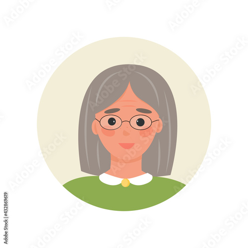 avatar elderly gray-haired woman wearing glasses cartoon style. Character cute grandmother image for chat, forum, advertising, social services to help retirees. Vector illustration, flat