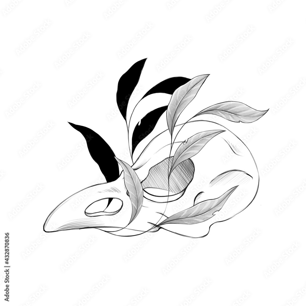 Bird skull with leaves. Black and white illustration