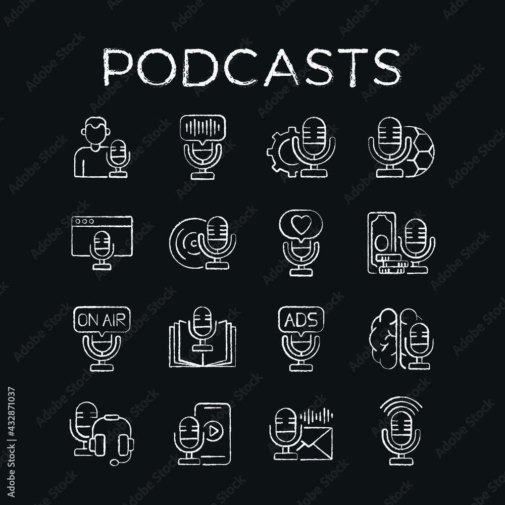 Podcasts chalk icons set. Podcast. Thin line flat vector illustration.