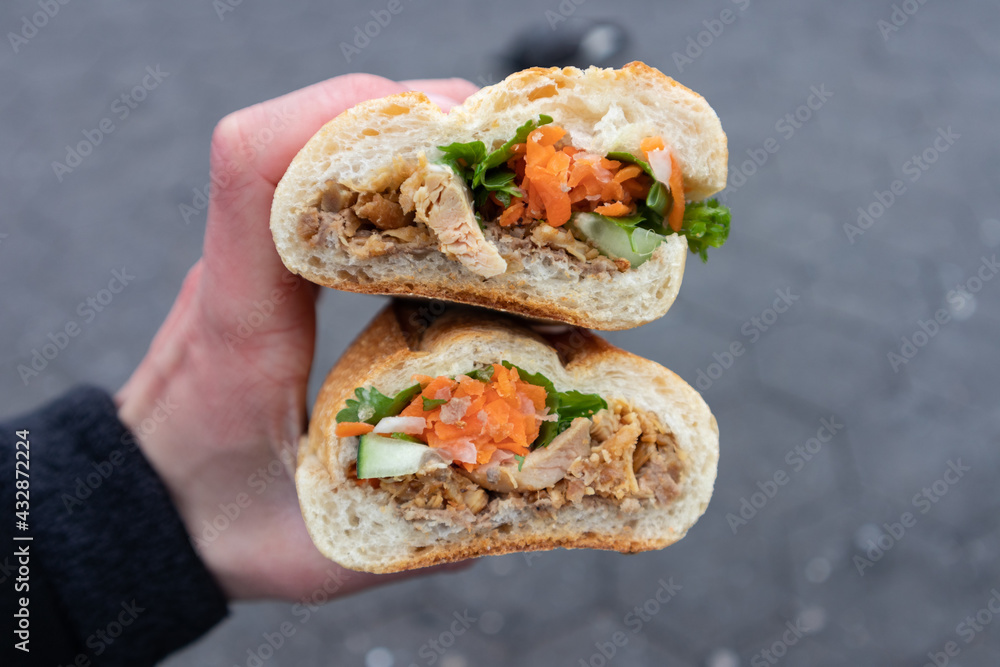 Handheld Banh Mi Sandwich Cut in Half with Meat and Vegetables Handheld Banh Mi Sandwich Cut in Half with Meat and Vegetables