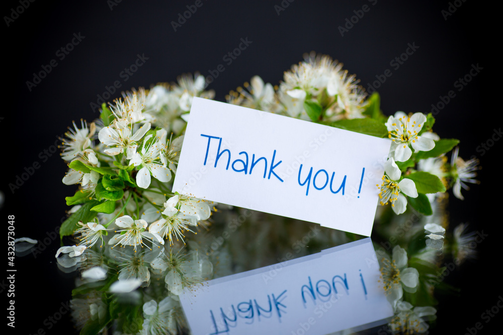 Naklejka premium thank you card and blooming spring branch with flowers