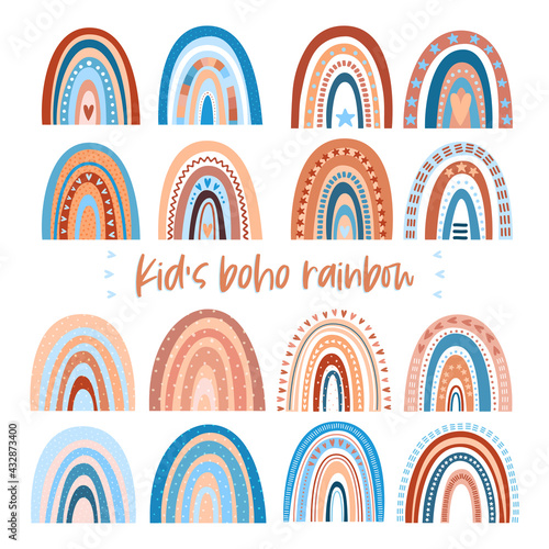 Cute hand-drawn Scandinavian boho style baby rainbow for party decoration, print, baby fabric, wallpaper, textile design. Contemporary vector illustration.