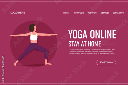 Yoga online class landing page template concept. Girl doing yoga online at home using her laptop