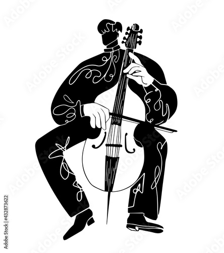Cello player. black silhouette on white background.Violin jazz design.festival print.Music player.Classical instrument. Vector flat style.hand with bow.Performance concert symbol.simple form.