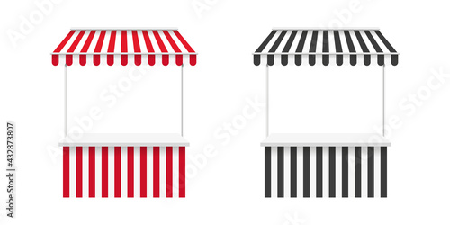 Awning tents. Striped awning. Tent sun shade for market on white background. Vector illustration