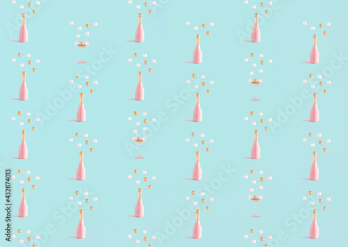 Champagne bottles and glasses seamless pattern on pastel blue background. Bubbles explosion, fizzy drink, party invitation, holidays card