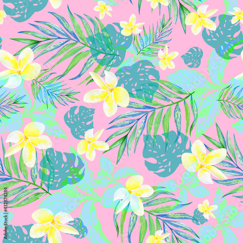 Tropical seamless pattern in pastel colors on a pink background. Floral watercolor print