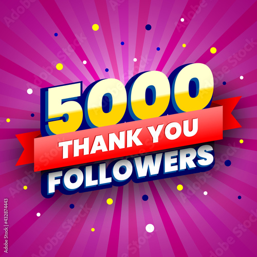 5000 followers colorful banner with red ribbon. Poster with thanks to subscribers on social networks. Vector illustration.