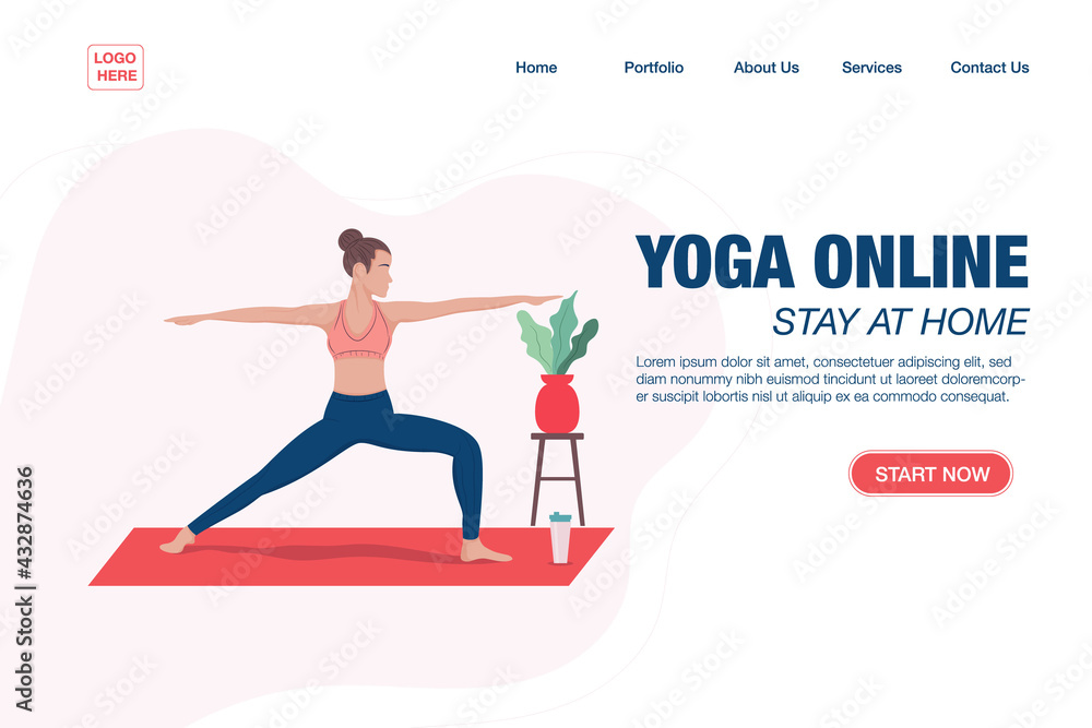 Yoga online class landing page template concept. Girl doing yoga online at home using her laptop Yoga online class landing page template concept. Girl doing yoga online at home using her laptop