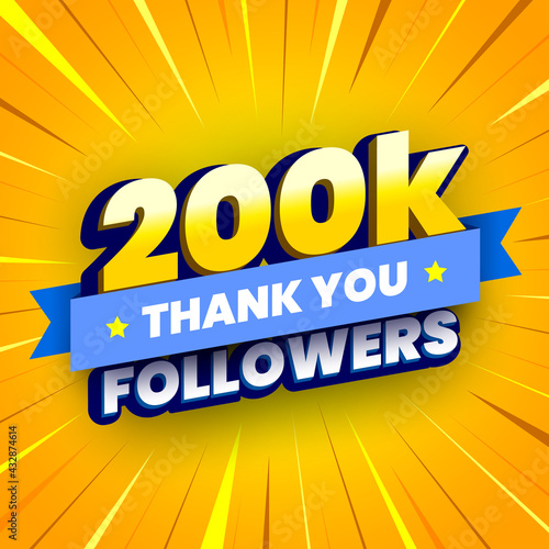 200000 followers banner with blue ribbon. Poster with thanks to subscribers on social networks. Vector illustration.