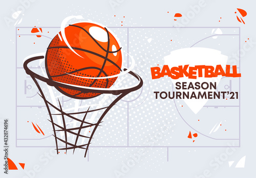 Vector illustration of a basketball ball in a basketball basket, basketball tournament © Leonid