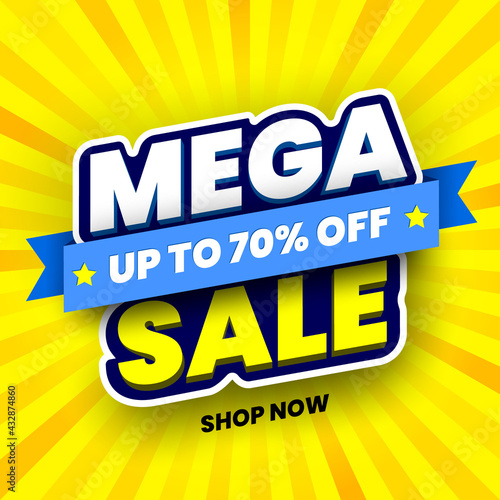 Mega sale banner on yellow striped background. Vector illustration.