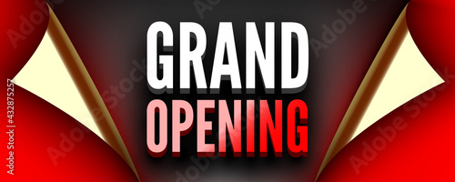 Grand opening poster. Red ribbon with curved edges on black background. Sticker. Vector illustration.