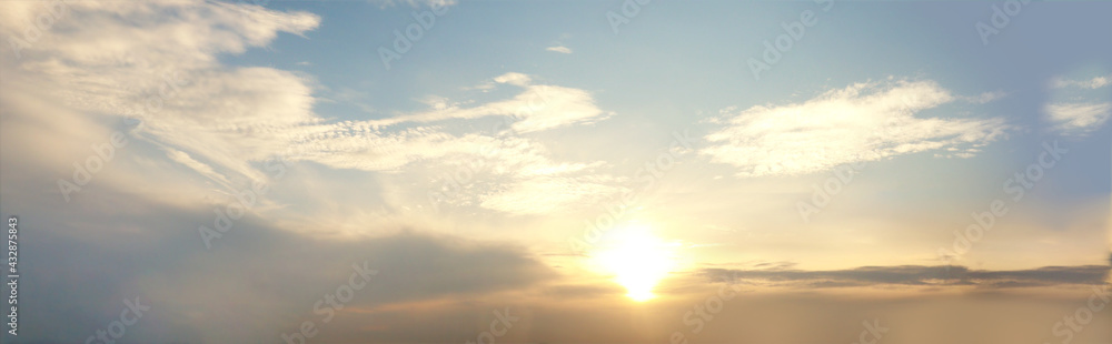 Sunrise on blue sky  with white clouds on sunny day panorama,  beautiful summer clear sky background for cover page.