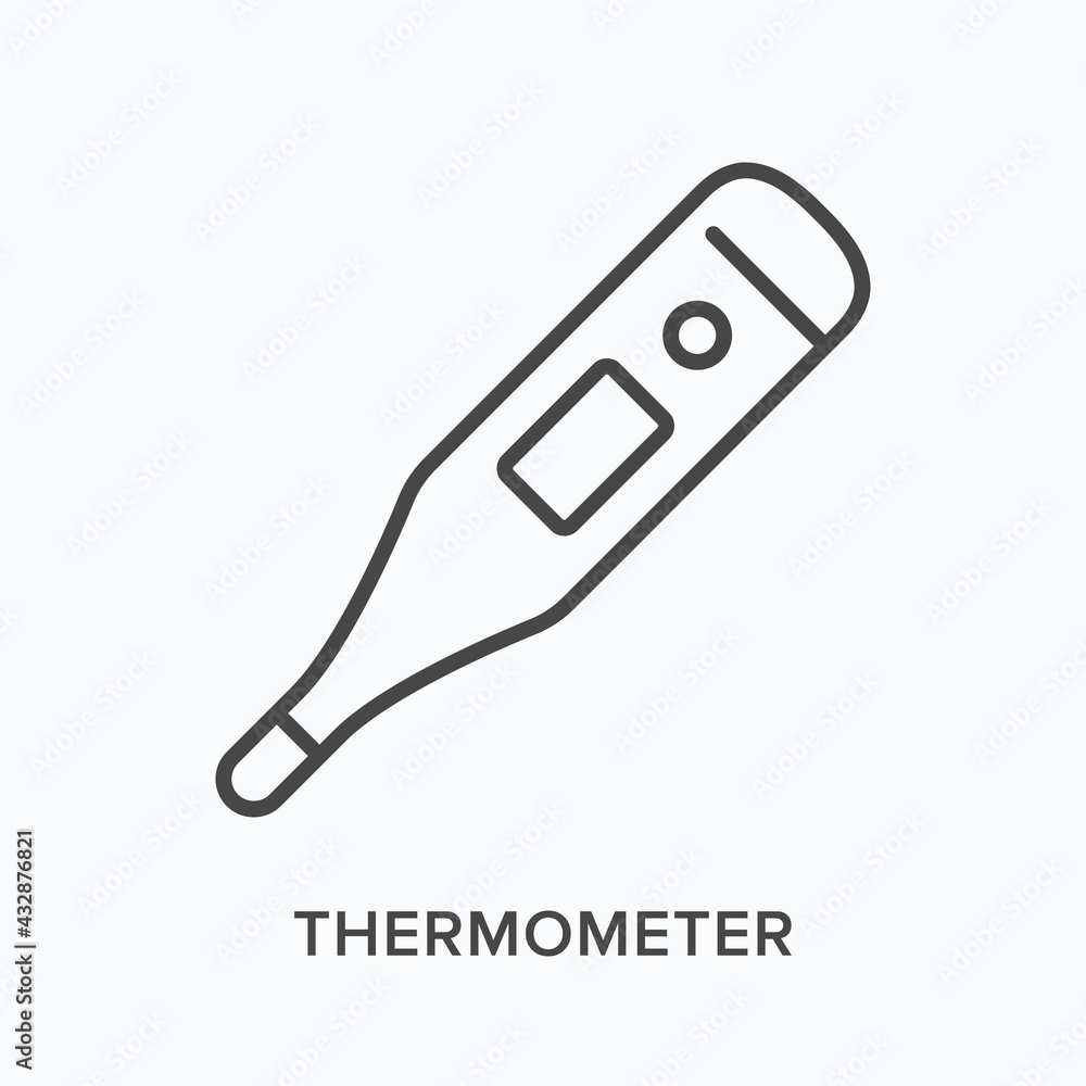 Thermometer flat line icon. Vector outline illustration of digital measurement. Black thin linear pictogram for medical equipment Thermometer flat line icon. Vector outline illustration of digital measurement. Black thin linear pictogram for medical equipment