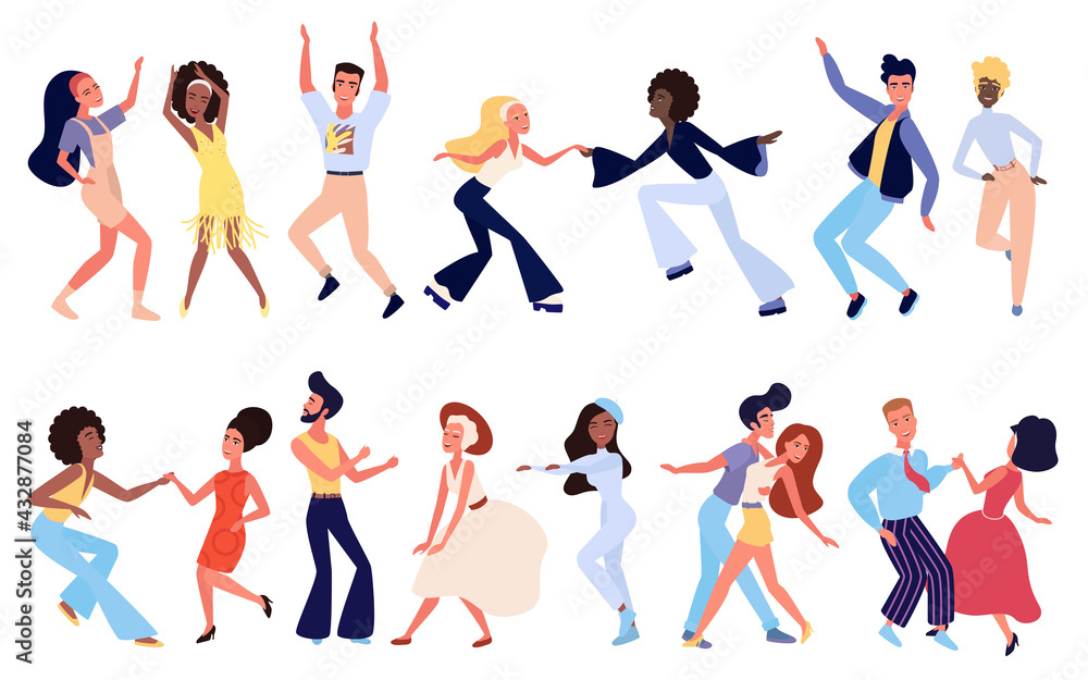 Crowd of young people dancing at club. Characters in stylish clothes having fun at club party set. Modern retro style vector illustration.