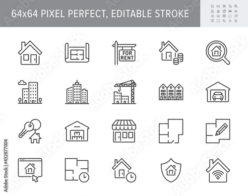 Real estate line icons. Vector illustration include icon - house, insurance, commercial, blueprint, townhouse, keys, shop outline pictogram for property agency 64x64 Pixel Perfect, Editable Stroke