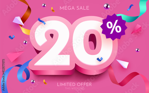 20 percent Off. Discount creative composition. 3d mega sale symbol with decorative objects. Sale banner and poster.