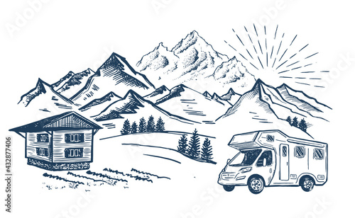 Camping in nature, motor home, Mountain landscape, hand drawn style, vector illustrations.