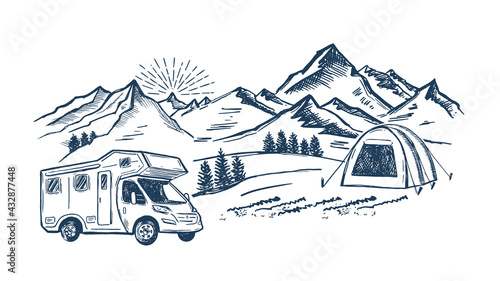 Camping in nature, motor home, Mountain landscape, hand drawn style, vector illustrations.
