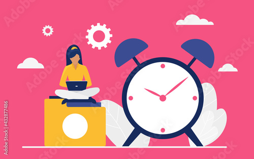 Time management work concept vector illustration. Cartoon tiny woman business office worker or manager character working with laptop, businesswoman sitting next to big deadline alarm clock background