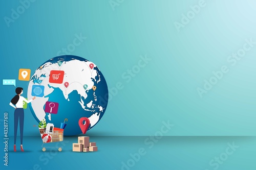 Concept of online shopping, young woman wear a face mask and touch an icon of browser to order the goods in a background of globe and route of shipments.