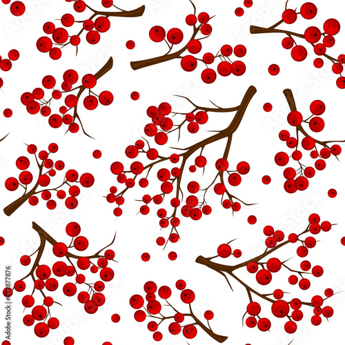 Seamless pattern texture with red rowan berries branches over white background