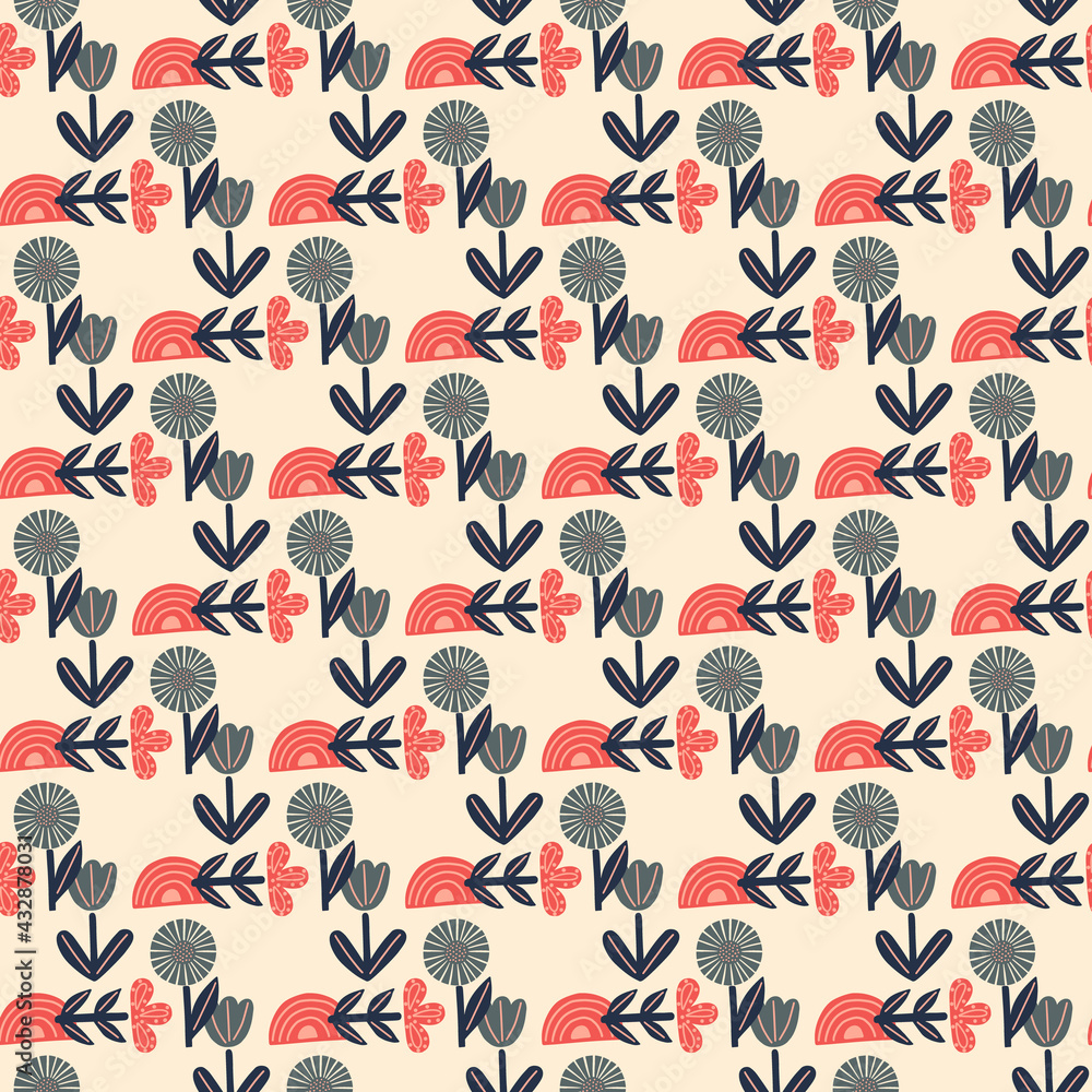 Red and grey lowers and rainbow ornament seamless doodle pattern. Light background. Nature backdrop. Red and grey lowers and rainbow ornament seamless doodle pattern. Light background. Nature backdrop.