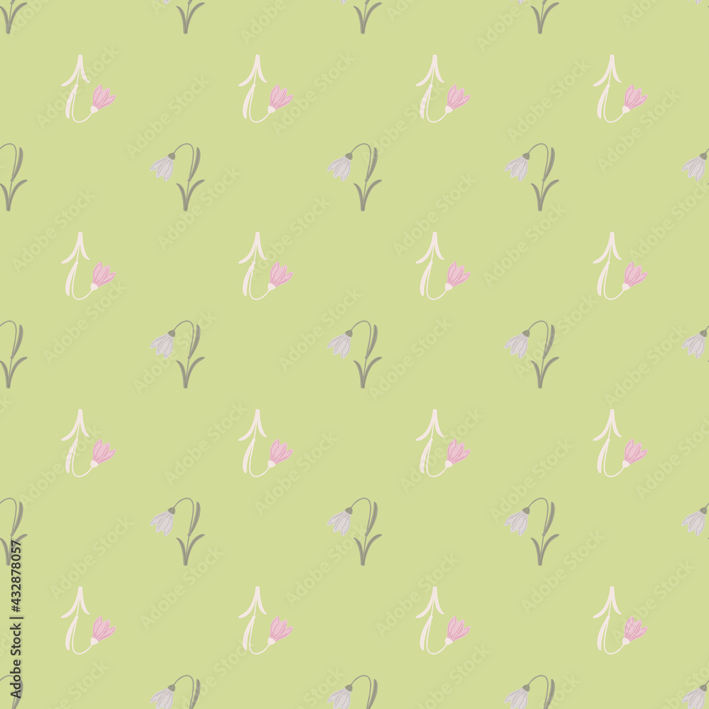 Wildflower seamless pattern with hand drawn bell flowers shapes. Light green background. Botanical ornament. Wildflower seamless pattern with hand drawn bell flowers shapes. Light green background. Botanical ornament.