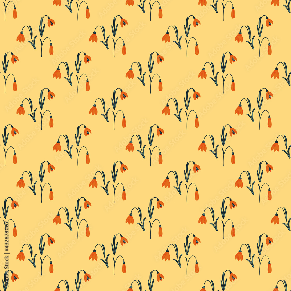 Red bluebell flowers hand drawn ornament seamless pattern. Pastel orange background. Bloom backdrop. Red bluebell flowers hand drawn ornament seamless pattern. Pastel orange background. Bloom backdrop.