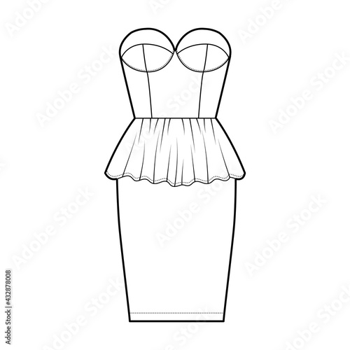 Peplum bustier dress technical fashion illustration with strapless, cups, fitted body, knee length skirt. Flat garment apparel front, white color style. Women, men unisex CAD mockup