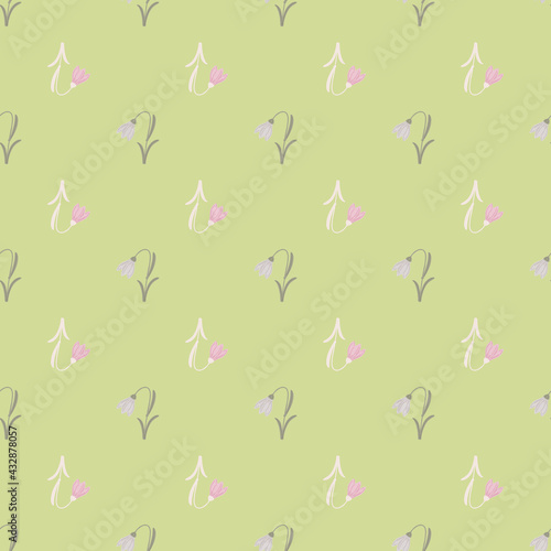 Wildflower seamless pattern with hand drawn bell flowers shapes. Light green background. Botanical ornament.