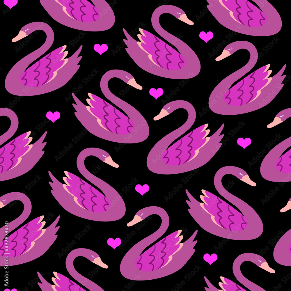 Swan and heart pattern on black background. Illustration for printing, backgrounds, wallpapers, covers, packaging, greeting cards, posters, stickers, textile and seasonal design. Swan and heart pattern on black background. Illustration for printing, backgrounds, wallpapers, covers, packaging, greeting cards, posters, stickers, textile and seasonal design.