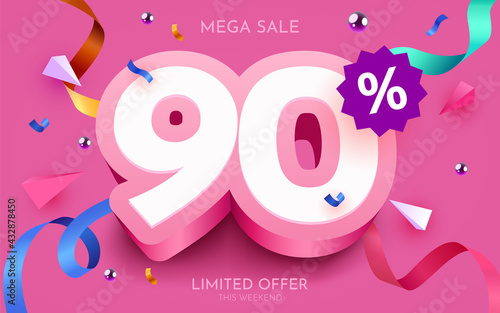 90 percent Off. Discount creative composition. 3d mega sale symbol with decorative objects. Sale banner and poster.