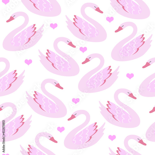 Swan and heart pattern. Illustration for printing, backgrounds, wallpapers, covers, packaging, greeting cards, posters, stickers, textile and seasonal design. Isolated on white background.