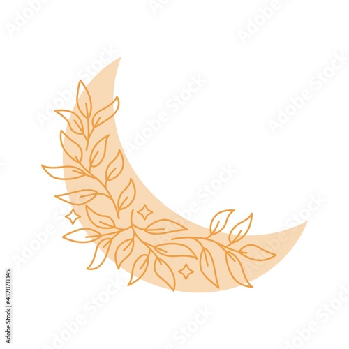 Magic boho crescent moon with leaves, stars isolated on white background. Vector illustration. Decorative boho elements for tattoo, greeting cards, invitations, wedding