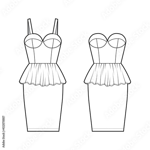 Set of dresses bustier peplum technical fashion illustration with sleeveless, strapless, fitted body, knee length ruffle tiered skirt. Flat apparel front, white color style. Women, unisex CAD mockup