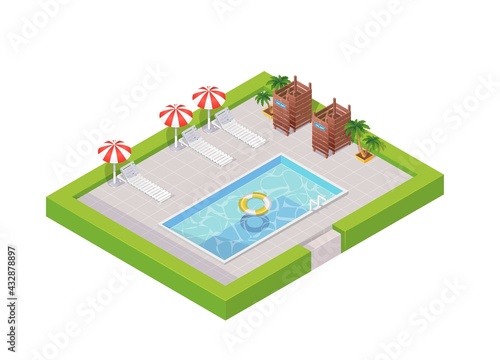 outdoor pool next to which there is a sun lounger with a beach umbrella, changing room and palm trees. Swimming pool recreation or sport swimming symbol. Isolated illustration in isometric style