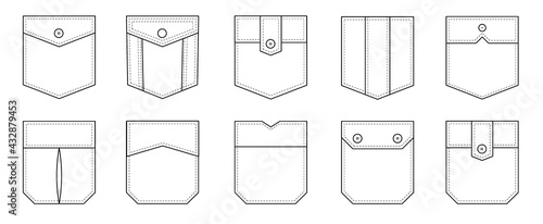 Patch pocket. Set of uniform patch pockets shapes for clothes, dress, shirt, casual denim style. Isolated icons. photo