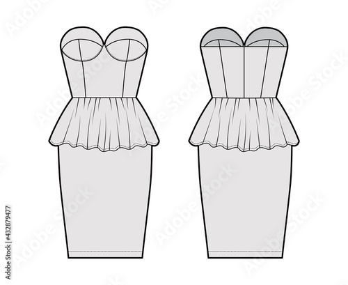 Peplum bustier dress technical fashion illustration with strapless, cups, fitted body, knee length skirt. Flat garment apparel front, back, grey color style. Women, men unisex CAD mockup