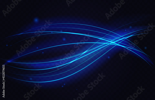 Neon luminous speed motion waves, abstract light effect vector illustration. Blue curve energy lines and waves with particles sparkles stars, magic shiny luminosity on transparent black background