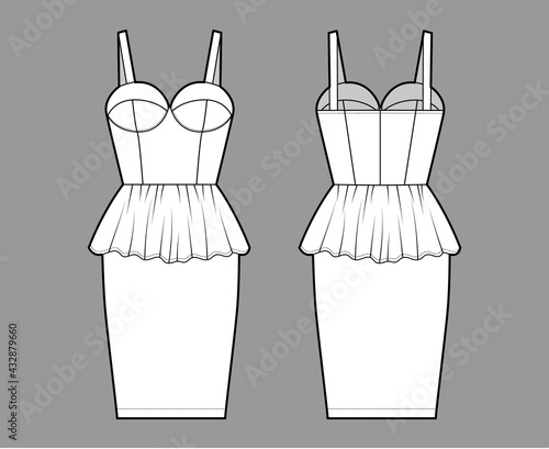 Peplum bustier dress technical fashion illustration with shoulder straps, cups, fitted body, knee length skirt. Flat apparel garment front, back, white color style. Women, men unisex CAD mockup