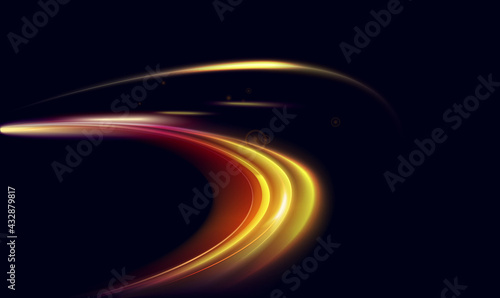 Light speed car trails with motion blur effect vector illustration. Traffic fast urban city auto transport movement at evening, highway dynamic long exposure of automobile lamps on black background