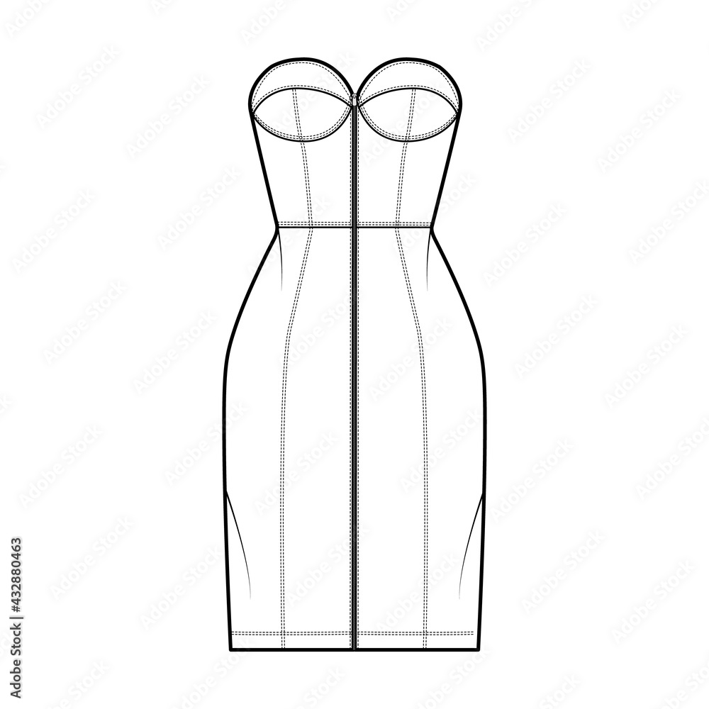 Zip-up tube dress technical fashion illustration with bustier, sleeveless, strapless, fitted body, knee length skirt. Flat garment apparel front, white color style. Women, men unisex CAD mockup Zip-up tube dress technical fashion illustration with bustier, sleeveless, strapless, fitted body, knee length skirt. Flat garment apparel front, white color style. Women, men unisex CAD mockup