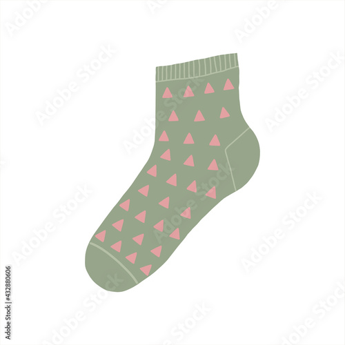 Vector green sock with triangles isolated on white. Cute cartoon illustration. 