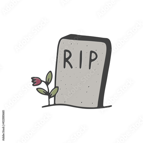 Vector cartoon Halloween illustration of a gravestone and flower. Funny doodle illustration for design. Hand drawn sketch.