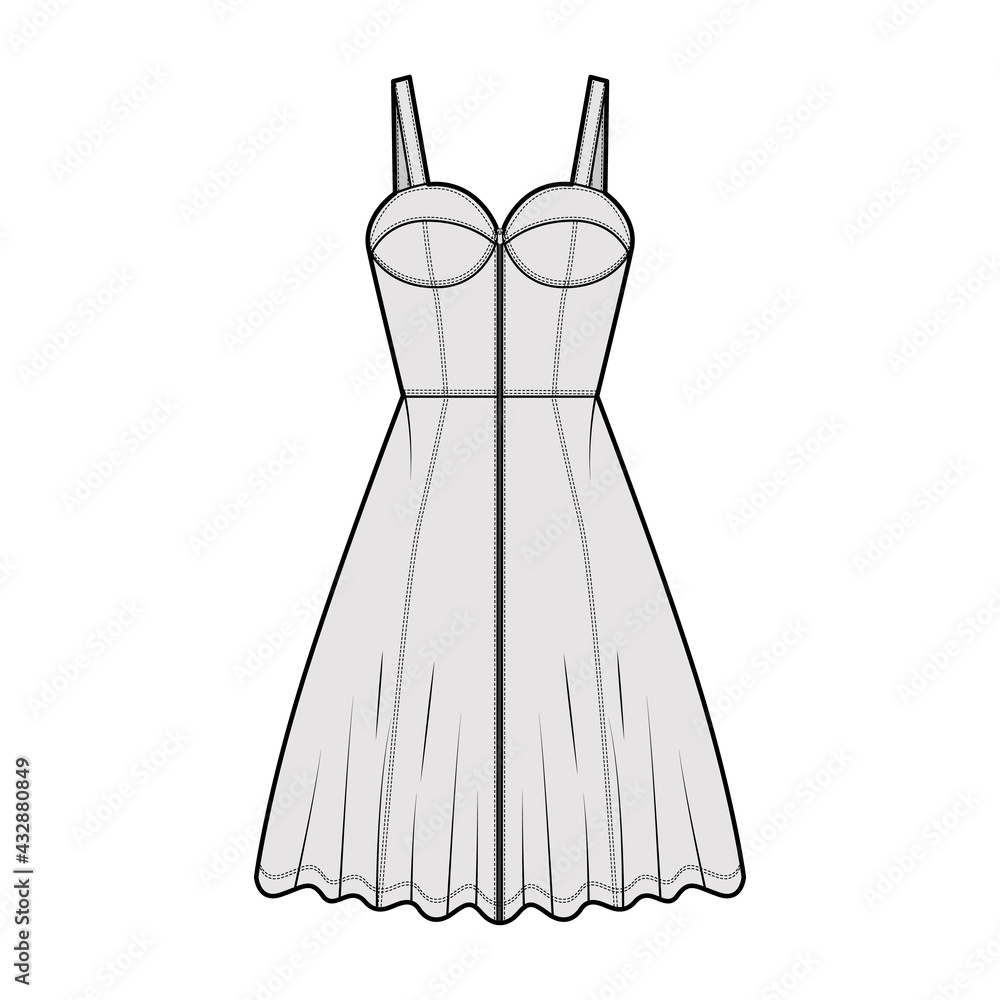 Zip-up dress denim bustier technical fashion illustration with sleeveless, fitted body, knee length A-line skirt. Flat apparel front, grey color style. Women, men unisex CAD mockup Zip-up dress denim bustier technical fashion illustration with sleeveless, fitted body, knee length A-line skirt. Flat apparel front, grey color style. Women, men unisex CAD mockup