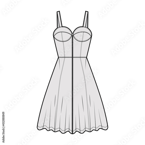 Zip-up dress denim bustier technical fashion illustration with sleeveless, fitted body, knee length A-line skirt. Flat apparel front, grey color style. Women, men unisex CAD mockup