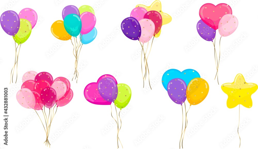 Balloon. Festive decoration, birthday greetings, wedding, party, holiday. Set of realistic balloons concept with ribbon. Vector isolated illustration
